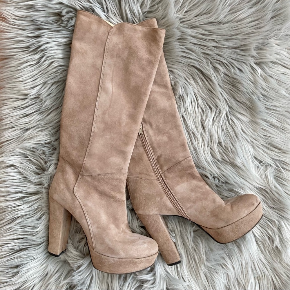 Carlo Pazolini Tall Tan Suede Leather Platform Knee High Heeled Boots 38